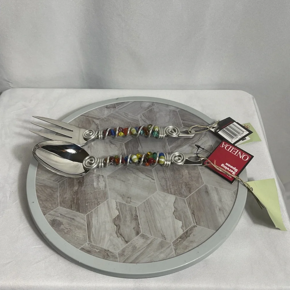 Vintage 1999 Oneida 18/8 Beaded Handle Serving Spoon Fork Set